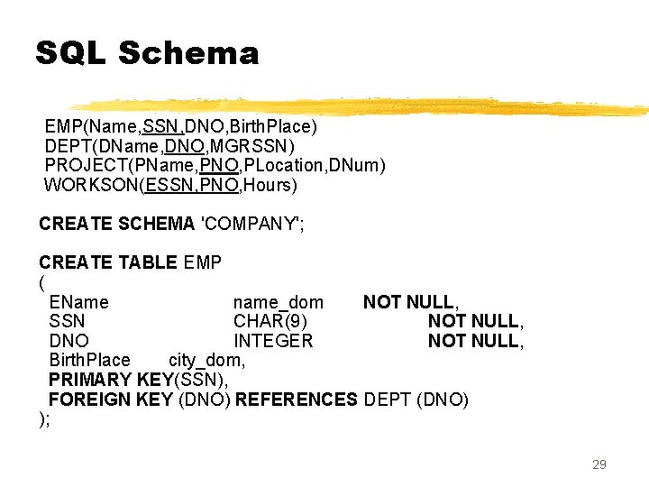 SQL Schema EMP(Name, SSN, DNO, Birth. Place) DEPT(DName, DNO, MGRSSN) PROJECT(PName, PNO, PLocation, DNum)