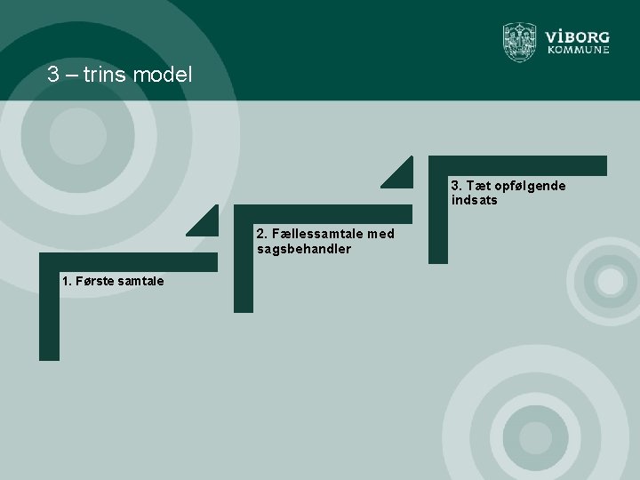 3 – trins model 3. Tæt opfølgende indsats 2. Fællessamtale med sagsbehandler 1. Første