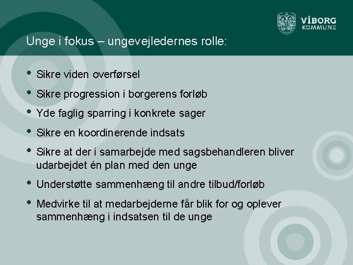 Unge i fokus – ungevejledernes rolle: • • • Sikre viden overførsel • •