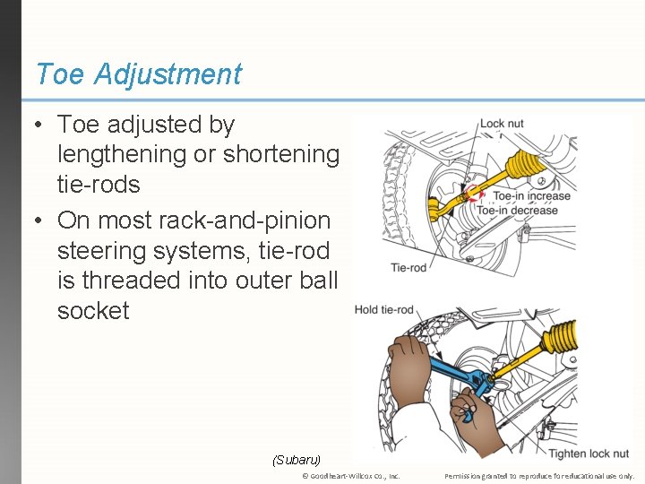 Toe Adjustment • Toe adjusted by lengthening or shortening tie-rods • On most rack-and-pinion