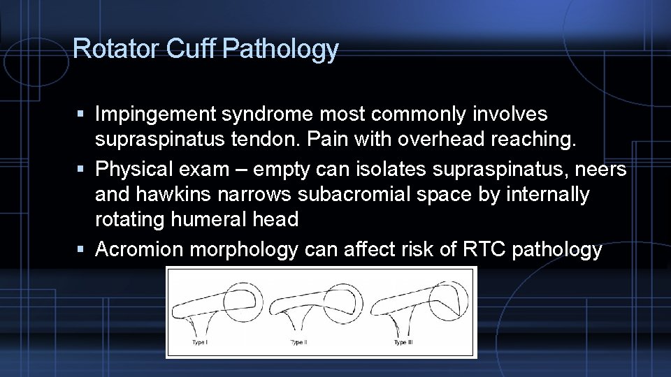 Rotator Cuff Pathology Impingement syndrome most commonly involves supraspinatus tendon. Pain with overhead reaching.
