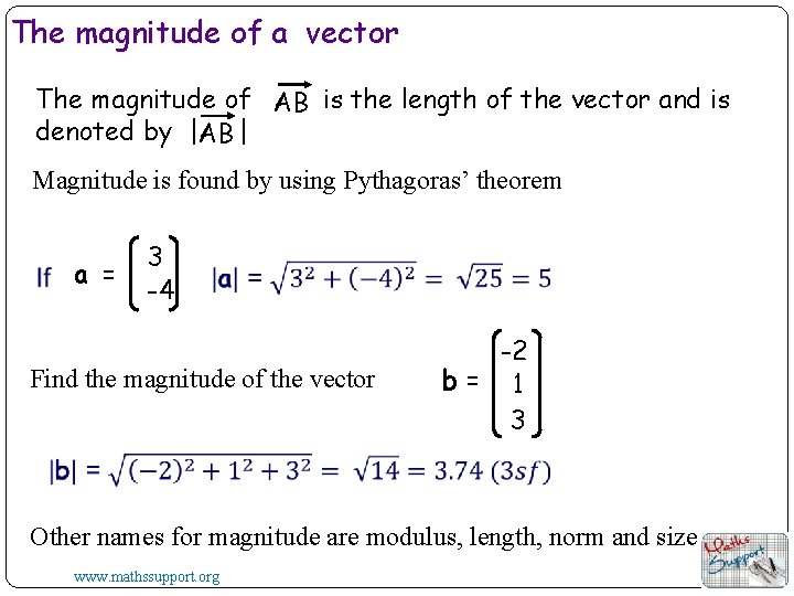 The magnitude of a vector The magnitude of AB is the length of the