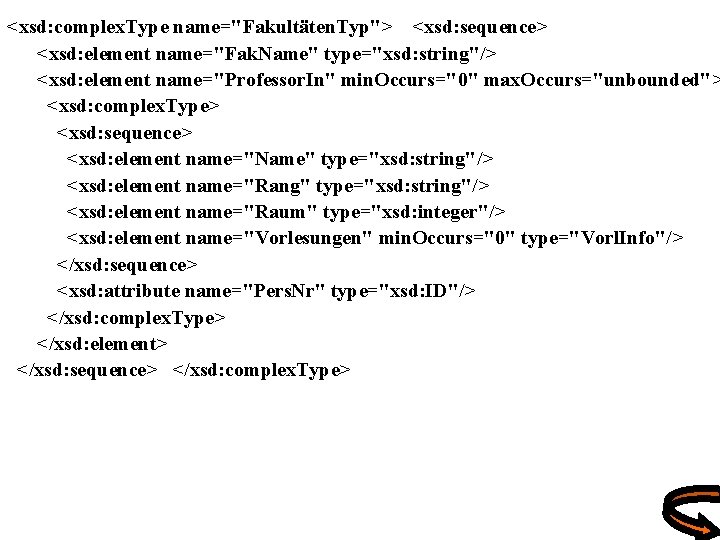 <xsd: complex. Type name="Fakultäten. Typ"> <xsd: sequence> <xsd: element name="Fak. Name" type="xsd: string"/> <xsd: