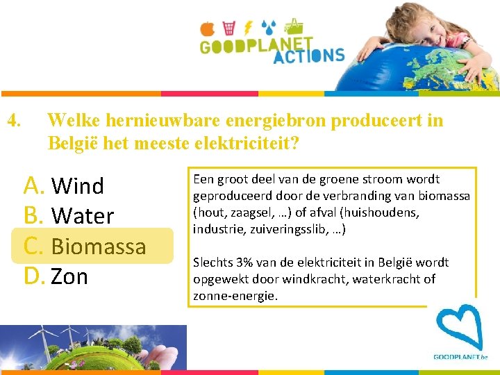 4. Welke hernieuwbare energiebron produceert in België het meeste elektriciteit? A. Wind B. Water