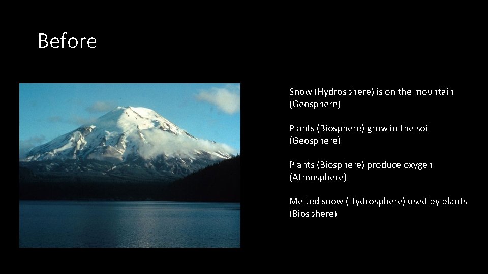 Before Snow (Hydrosphere) is on the mountain (Geosphere) Plants (Biosphere) grow in the soil