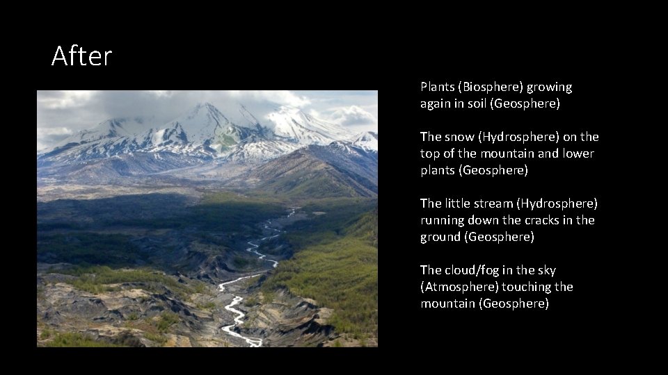 After Plants (Biosphere) growing again in soil (Geosphere) The snow (Hydrosphere) on the top