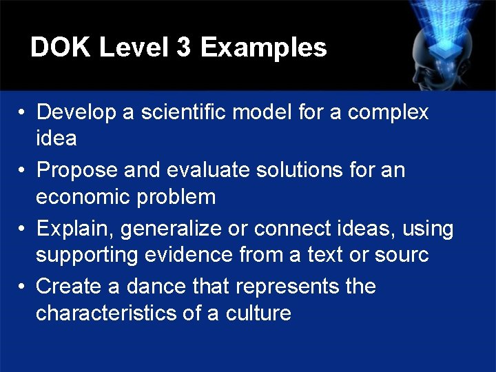 DOK Level 3 Examples • Develop a scientific model for a complex idea •