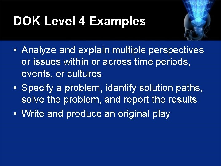 DOK Level 4 Examples • Analyze and explain multiple perspectives or issues within or
