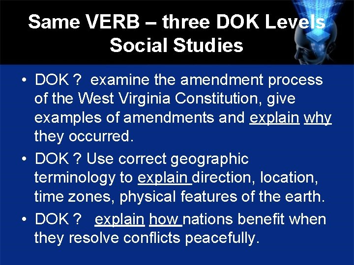 Same VERB – three DOK Levels Social Studies • DOK ? examine the amendment