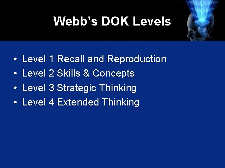 Webb’s DOK Levels • • Level 1 Recall and Reproduction Level 2 Skills &