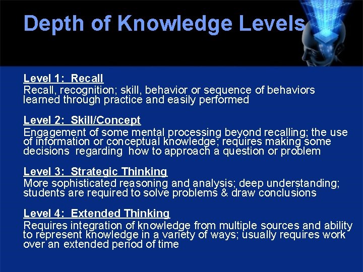 Depth of Knowledge Levels Level 1: Recall, recognition; skill, behavior or sequence of behaviors