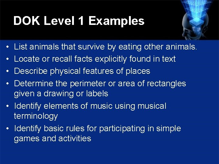DOK Level 1 Examples • • List animals that survive by eating other animals.