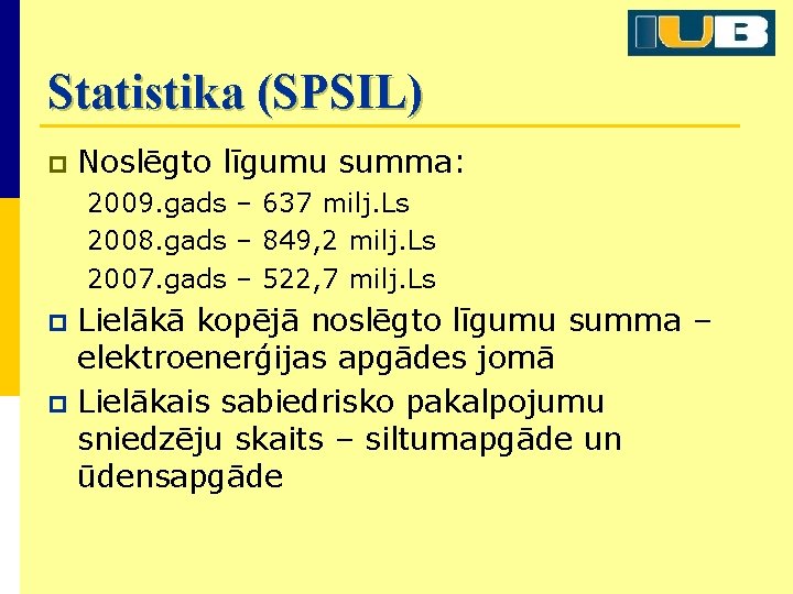 Statistika (SPSIL) p Noslēgto līgumu summa: 2009. gads – 637 milj. Ls 2008. gads