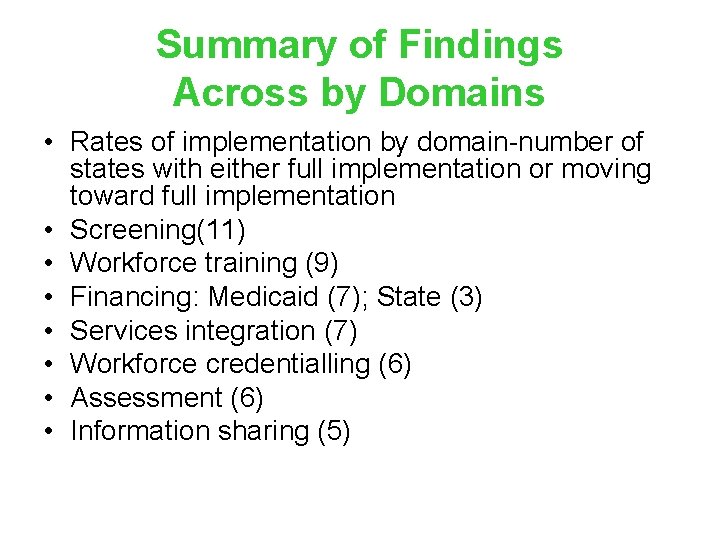 Summary of Findings Across by Domains • Rates of implementation by domain-number of states