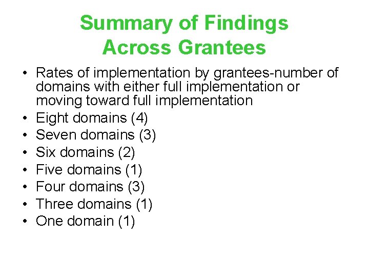 Summary of Findings Across Grantees • Rates of implementation by grantees-number of domains with Summary of Findings Across Grantees • Rates of implementation by grantees-number of domains with