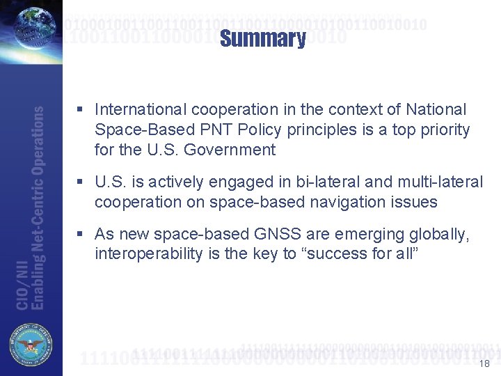 Summary § International cooperation in the context of National Space-Based PNT Policy principles is
