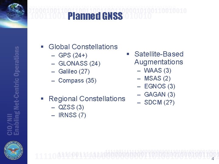 Planned GNSS § Global Constellations – – GPS (24+) GLONASS (24) Galileo (27) Compass