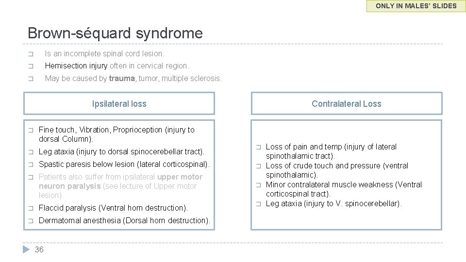 ONLY IN MALES’ SLIDES Brown-séquard syndrome � Is an incomplete spinal cord lesion. �