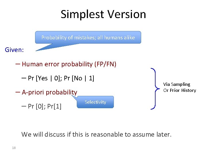 Simplest Version Probability of mistakes; all humans alike Given: — Human error probability (FP/FN)