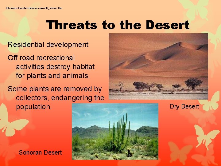http: //www. blueplanetbiomes. org/world_biomes. htm Threats to the Desert Residential development Off road recreational