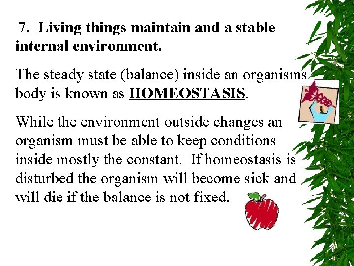 7. Living things maintain and a stable internal environment. The steady state (balance) inside