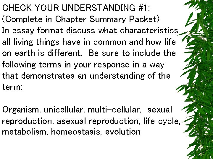 CHECK YOUR UNDERSTANDING #1: (Complete in Chapter Summary Packet) In essay format discuss what