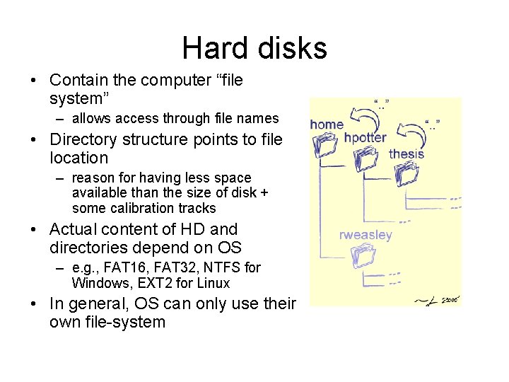 Hard disks • Contain the computer “file system” – allows access through file names Hard disks • Contain the computer “file system” – allows access through file names