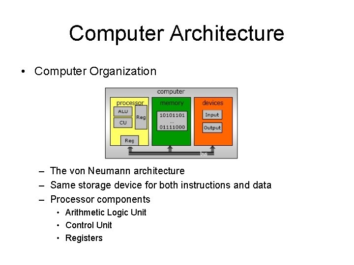 Computer Architecture • Computer Organization – The von Neumann architecture – Same storage device Computer Architecture • Computer Organization – The von Neumann architecture – Same storage device