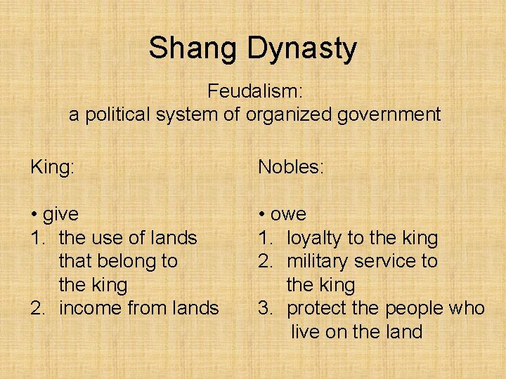 Shang Dynasty Feudalism: a political system of organized government King: Nobles: • give 1.