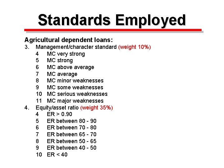 Standards Employed Agricultural dependent loans: 3. 4. Management/character standard (weight 10%) 4 MC very