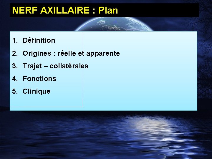 NERF AXILLAIRE : Plan 1. Définition 2. Origines : réelle et apparente 3. Trajet
