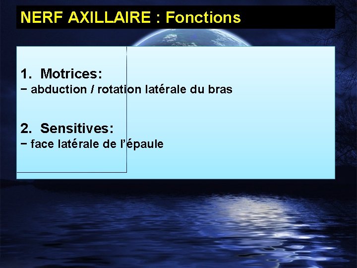 NERF AXILLAIRE : Fonctions 1. Motrices: − abduction / rotation latérale du bras 2.