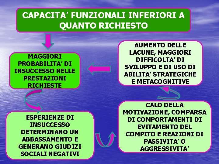 CAPACITA’ FUNZIONALI INFERIORI A QUANTO RICHIESTO MAGGIORI PROBABILITA’ DI INSUCCESSO NELLE PRESTAZIONI RICHIESTE ESPERIENZE