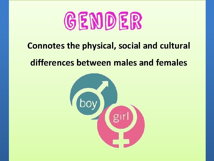 Connotes the physical, social and cultural differences between males and females 