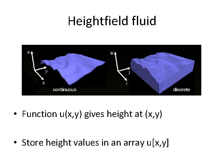 Heightfield fluid • Function u(x, y) gives height at (x, y) • Store height