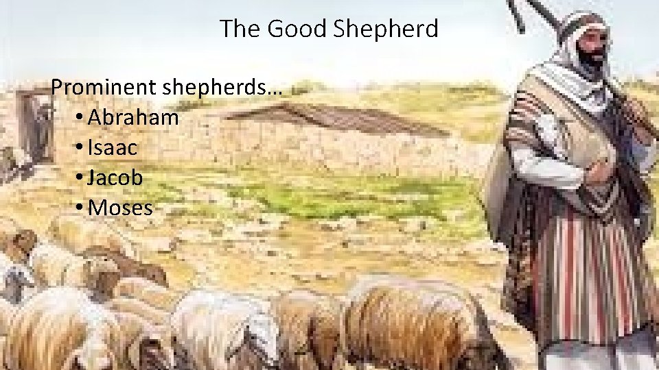 The Good Shepherd Prominent shepherds… • Abraham • Isaac • Jacob • Moses 