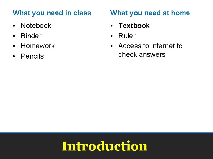 What you need in class What you need at home • • • Textbook