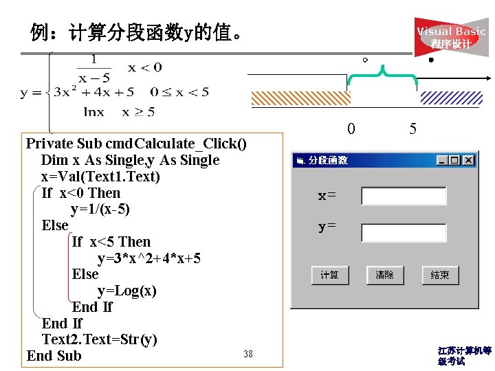 例：计算分段函数y的值。 Private Sub cmd. Calculate_Click() Dim x As Single, y As Single x=Val(Text 1.