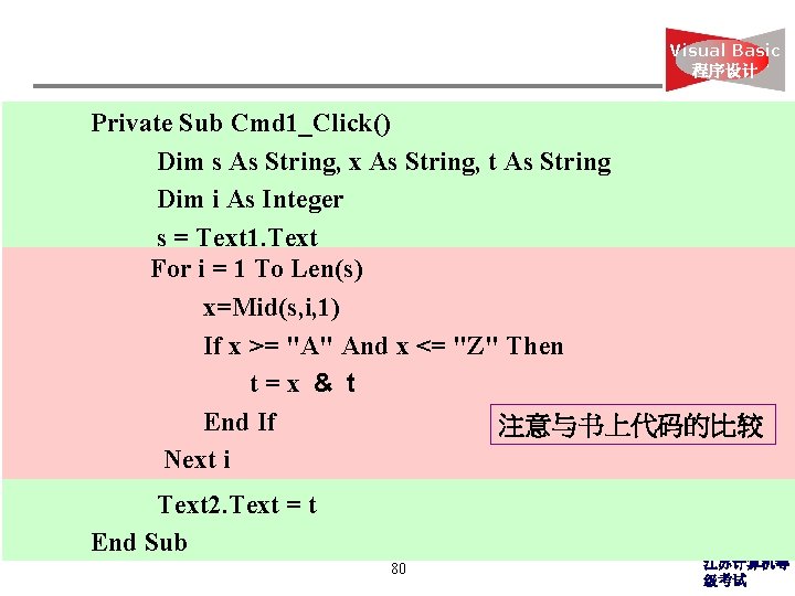Visual Basic 程序设计 Private Sub Cmd 1_Click() Dim s As String, x As String,