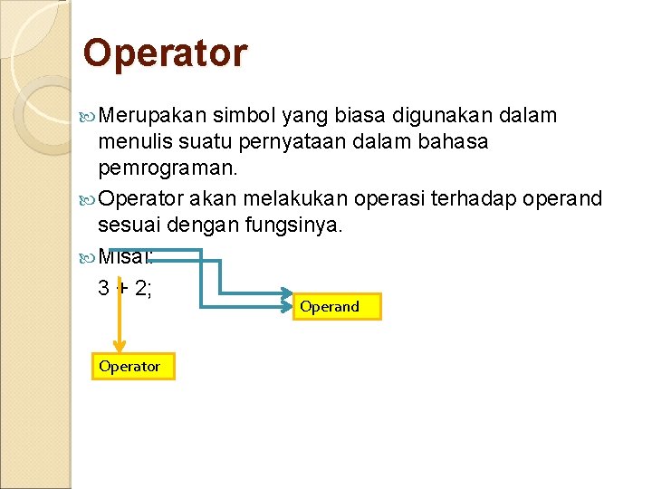 Operator Merupakan simbol yang biasa digunakan dalam menulis suatu pernyataan dalam bahasa pemrograman. Operator