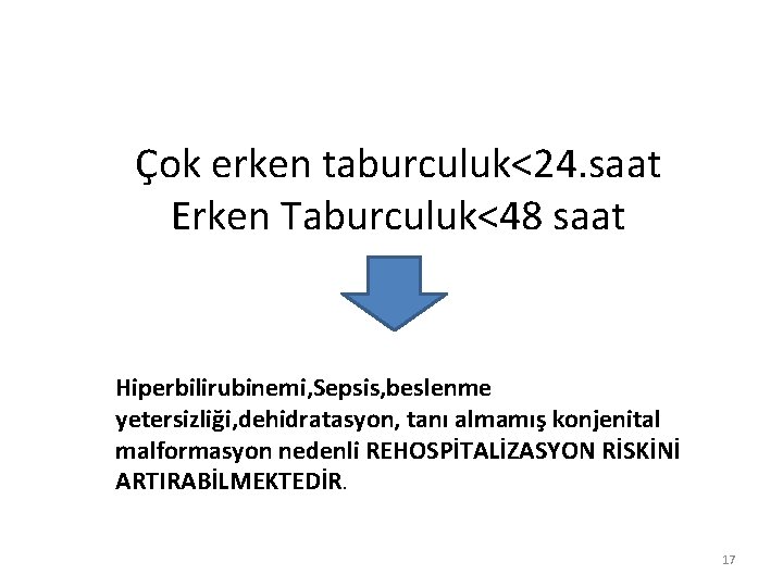 Çok erken taburculuk<24. saat Erken Taburculuk<48 saat Hiperbilirubinemi, Sepsis, beslenme yetersizliği, dehidratasyon, tanı almamış