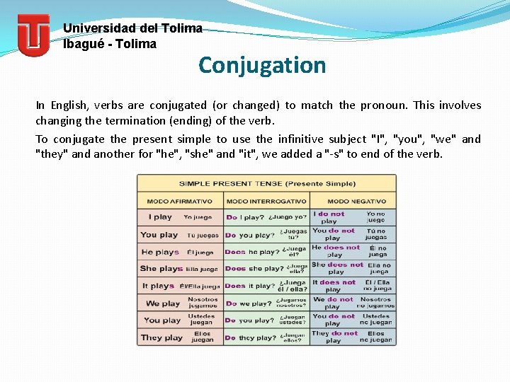 Universidad del Tolima Ibagué - Tolima Conjugation In English, verbs are conjugated (or changed)