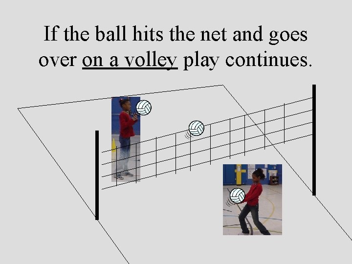 If the ball hits the net and goes over on a volley play continues.