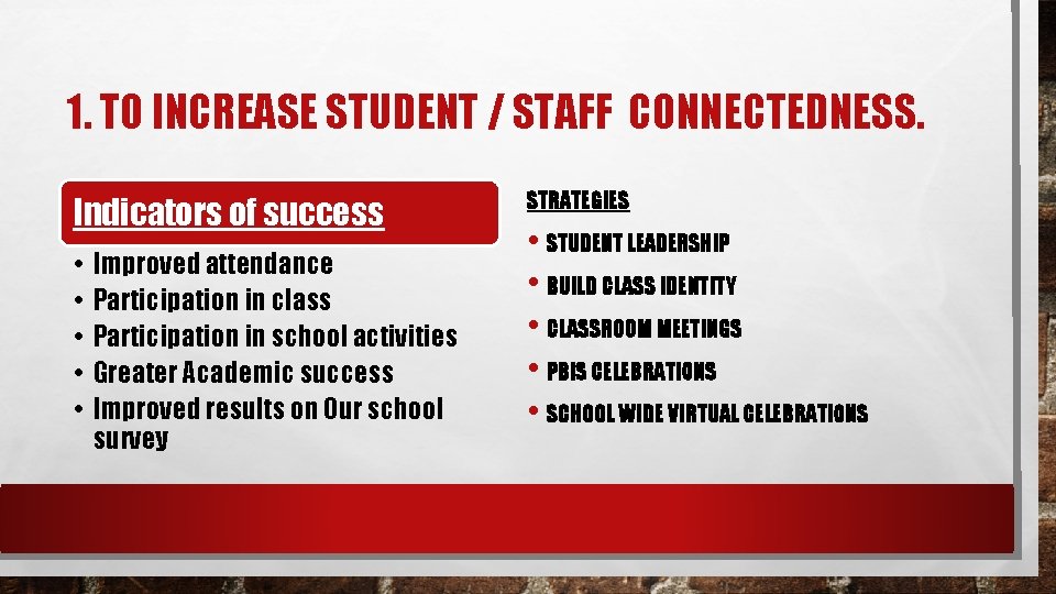 1. TO INCREASE STUDENT / STAFF CONNECTEDNESS. Indicators of success • • • Improved
