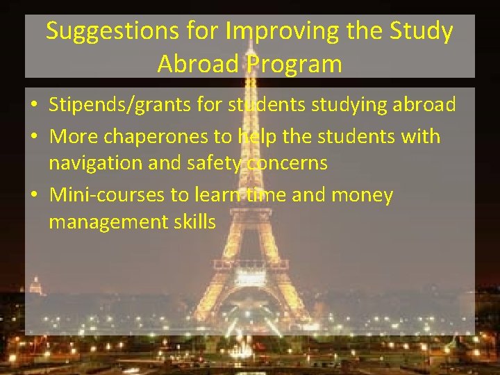 Suggestions for Improving the Study Abroad Program • Stipends/grants for students studying abroad •