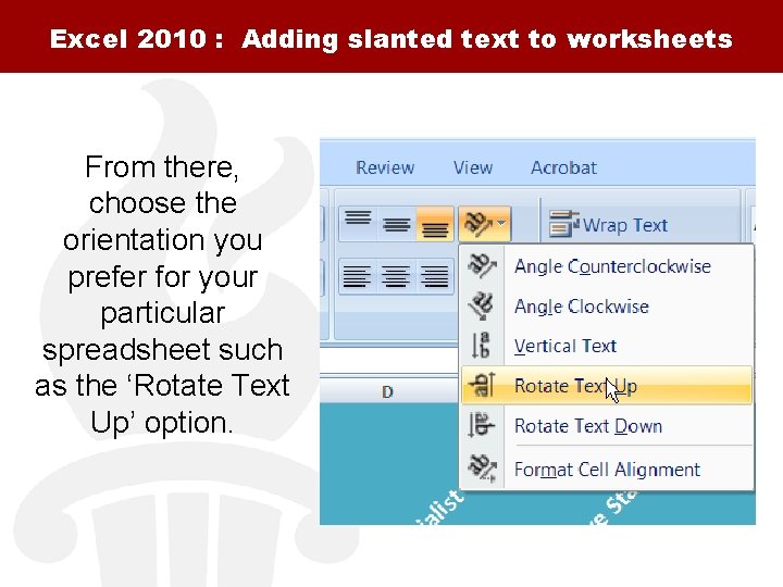 Excel 2010 : Adding slanted text to worksheets From there, choose the orientation you