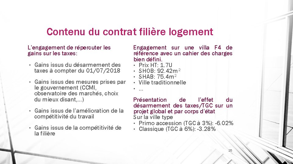 Contenu du contrat filière logement L’engagement de répercuter les gains sur les taxes: •