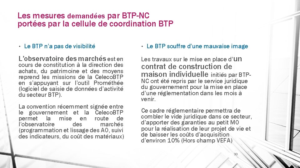 Les mesures demandées par BTP-NC portées par la cellule de coordination BTP • Le