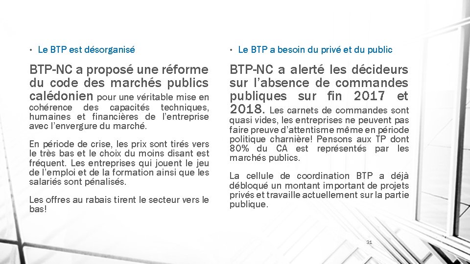  • Le BTP est désorganisé BTP-NC a proposé une réforme du code des