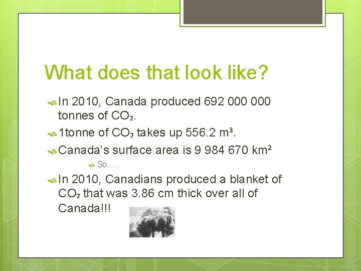 What does that look like? In 2010, Canada produced 692 000 tonnes of CO₂.